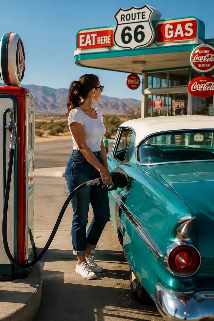 Vintage Gas Station: AI Road Trip & Summer Drives photo effect example 2