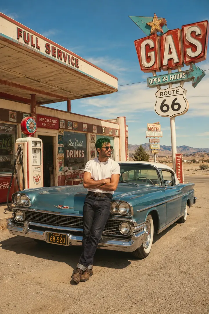Vintage Gas Station: AI Road Trip & Summer Drives photo effect