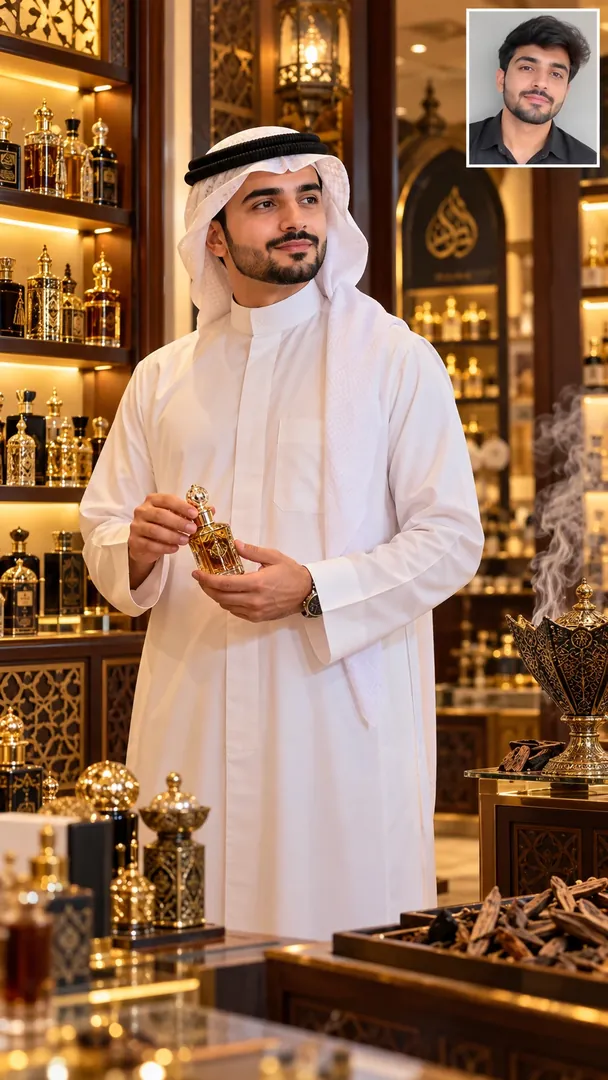 Oud & Perfume Boutique: AI Arabian Cultural & Fashion photo effect