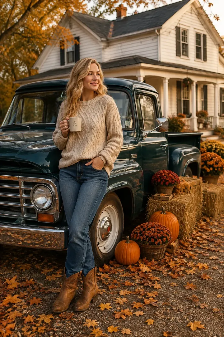 Vintage Pickup & Farmhouse: AI Cozy & Autumn Aesthetic photo effect example 2