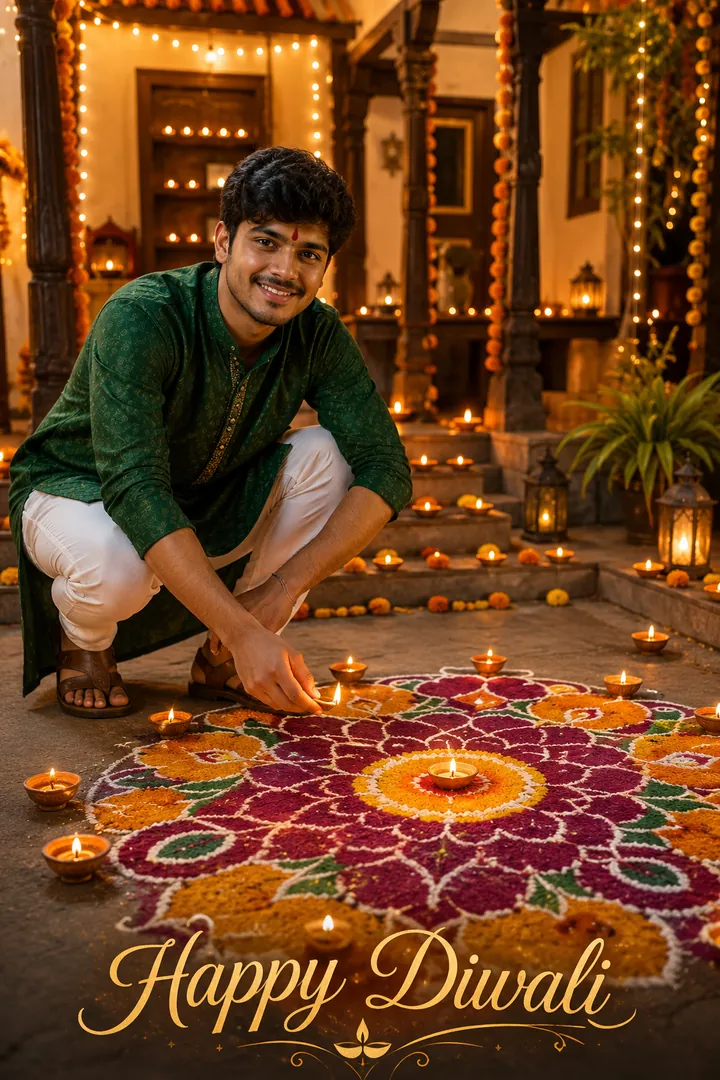 Rangoli Courtyard: AI Diwali photo effect example 2