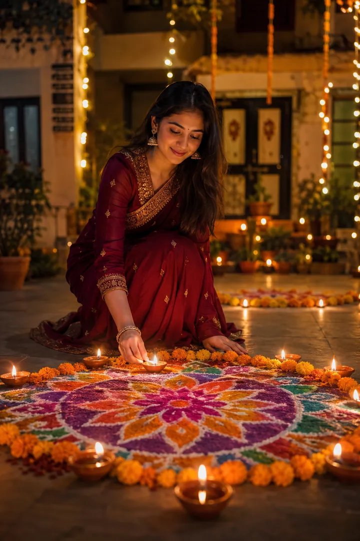 Rangoli Courtyard: AI Diwali photo effect