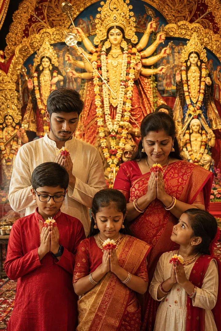 Family Ashtami Anjali: AI Durga Puja photo effect example 2