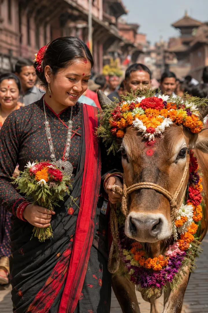 Flowers by the Sacred Cow: AI Gai Jatra photo effect example 2