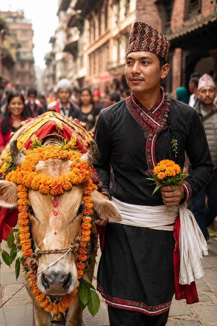 Flowers by the Sacred Cow: AI Gai Jatra photo effect