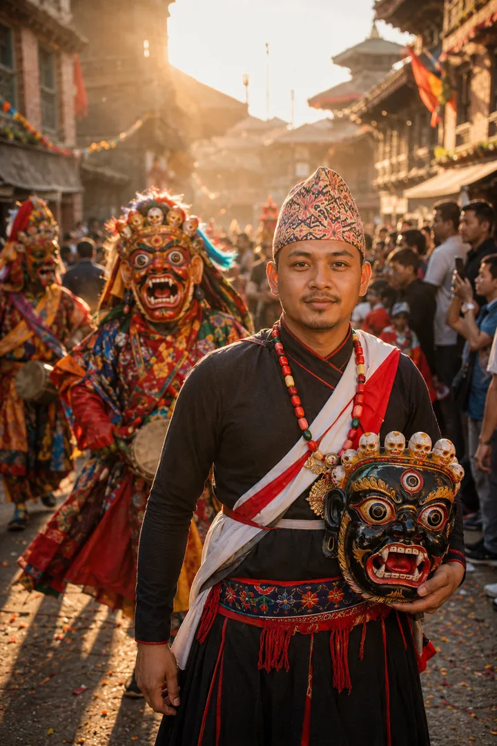 Masked Street Celebration: AI Gai Jatra photo effect