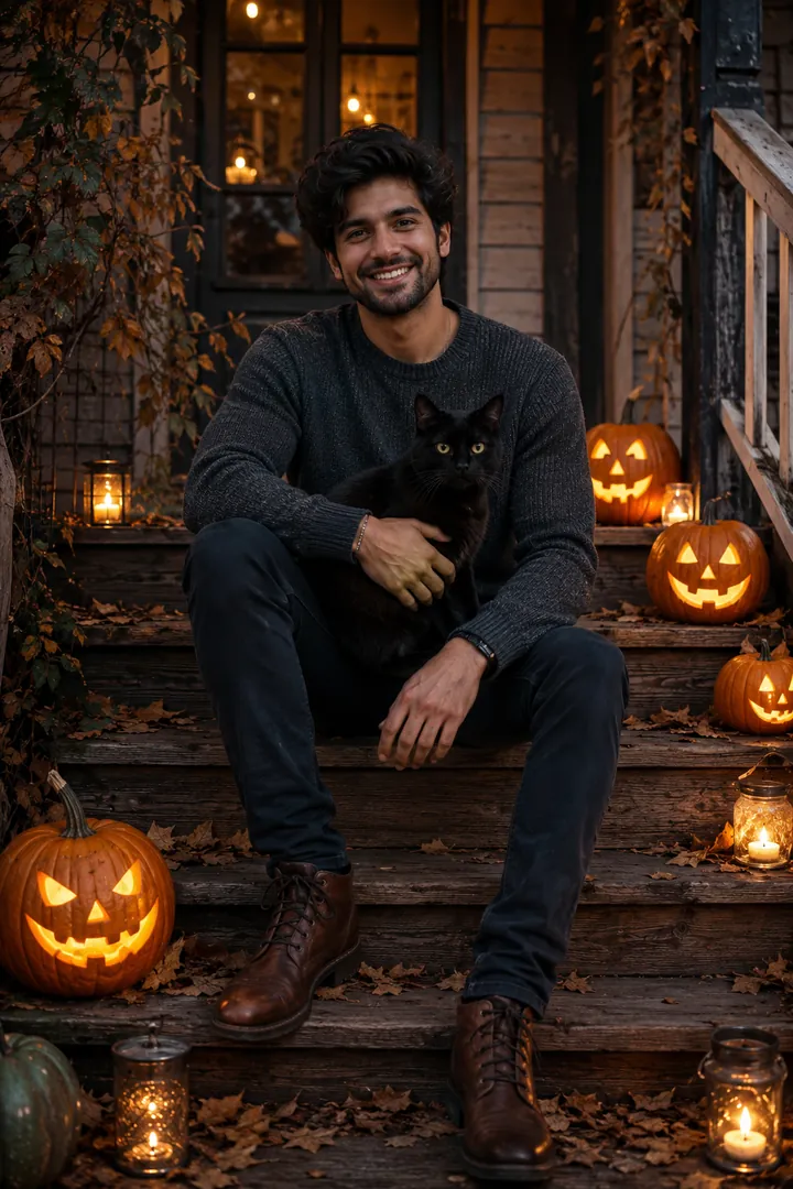 Black Cat & Pumpkin Porch: AI Halloween photo effect example 2