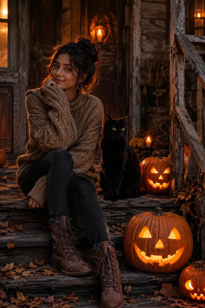 Black Cat & Pumpkin Porch: AI Halloween photo effect