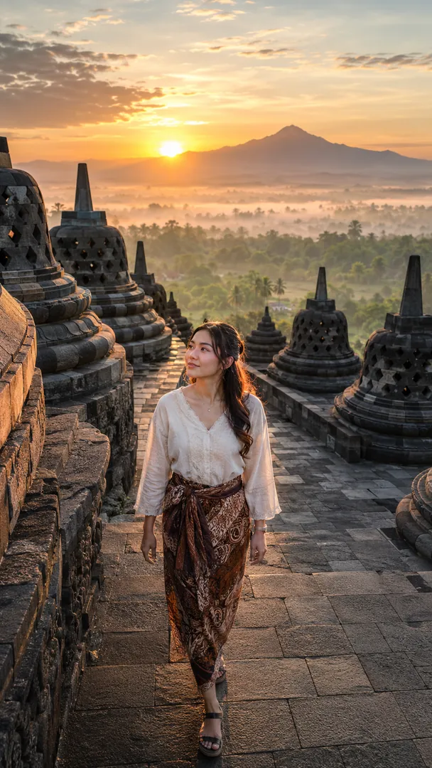 Borobudur Sunrise Escape: AI Indonesian Destinations photo effect