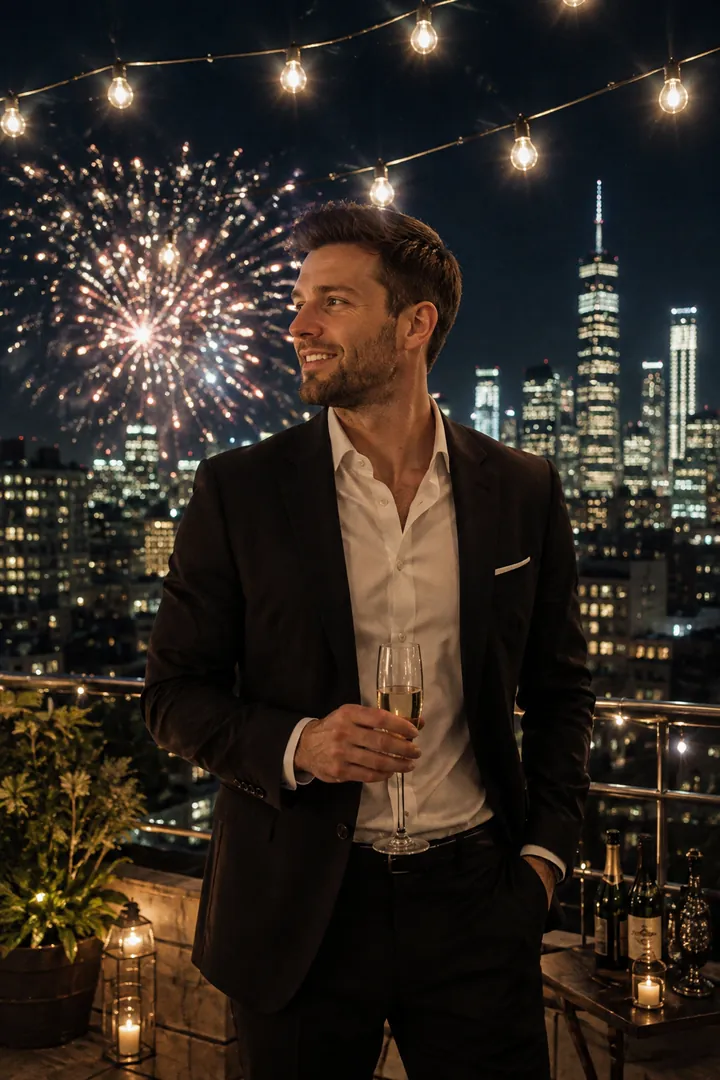 Rooftop Midnight Celebration: AI New Year's Eve photo effect