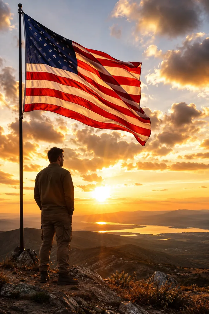 American Flag at Sunrise: AI Patriotic USA photo effect