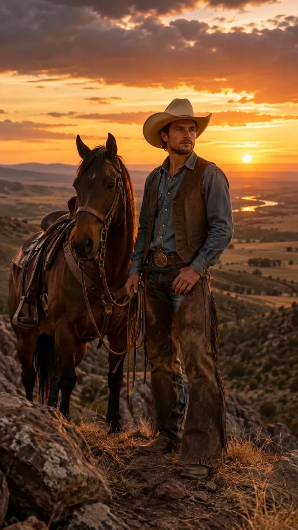 Lone Cowboy Sunset: AI Western Cowboy photo effect